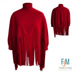 Fringed Lantern-Sleeve Oversized Pullover Sweatshirt